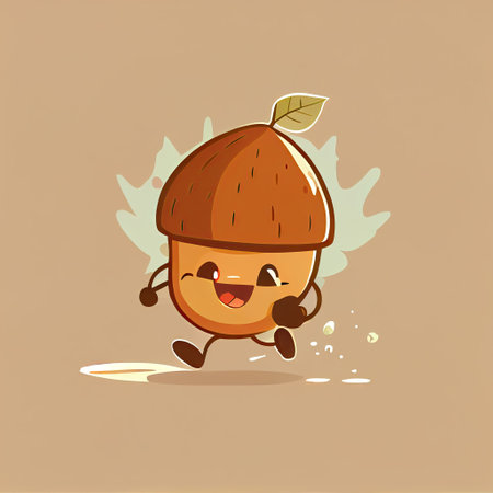 cute acorn cartoon character runs, cartoon style, modern simple illustrationの写真素材