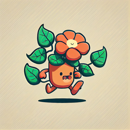 cute begonia flower cartoon character runs, cartoon style, modern simple illustrationの写真素材