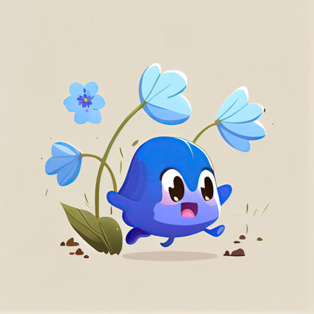 cute bluebell flower cartoon character runs, cartoon style, modern simple illustrationの写真素材