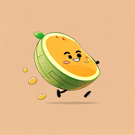 cute cantaloupe cartoon character runs, cartoon style, modern simple illustrationの写真素材