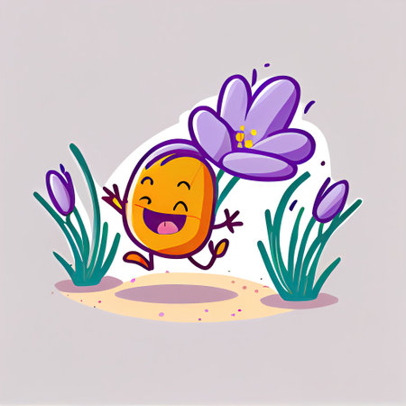 cute crocus flower cartoon character runs, cartoon style, modern simple illustrationの写真素材