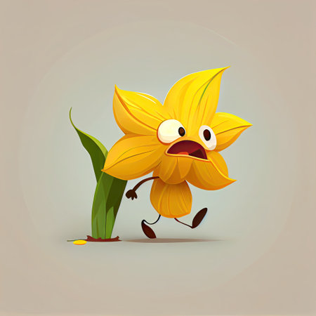 cute daffodil flower cartoon character runs, cartoon style, modern simple illustrationの写真素材