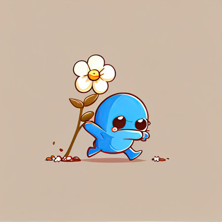 cute forget-me-not flower cartoon character runs, cartoon style, modern simple illustrationの写真素材