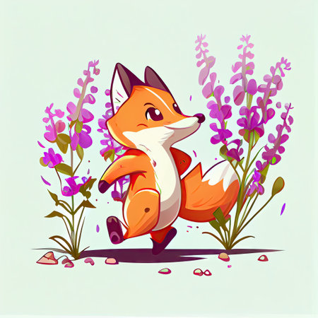 cute foxglove flower cartoon character runs, cartoon style, modern simple illustration