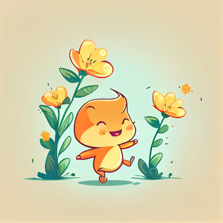 cute freesia flower cartoon character runs, cartoon style, modern simple illustrationの写真素材