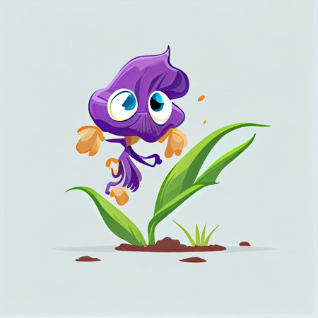 cute iris flower cartoon character runs, cartoon style, modern simple illustrationの写真素材
