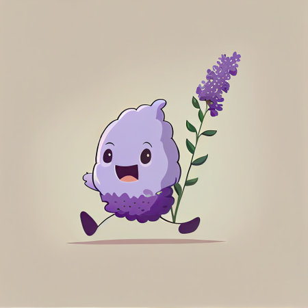 cute lavender flower cartoon character runs, cartoon style, modern simple illustrationの写真素材