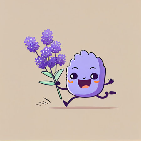 cute lavender flower cartoon character runs, cartoon style, modern simple illustrationの写真素材