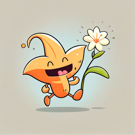 cute lily flower cartoon character runs, cartoon style, modern simple illustrationの写真素材