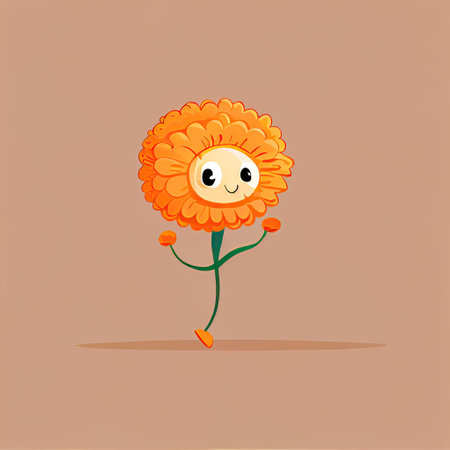 cute marigold flower cartoon character runs, cartoon style, modern simple illustrationの写真素材