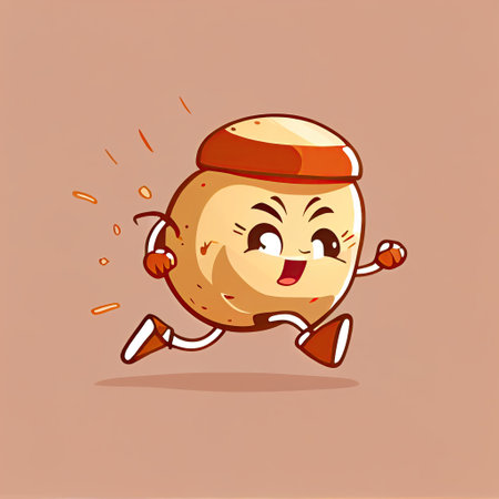 cute nutmeg cartoon character runs, cartoon style, modern simple illustrationの写真素材