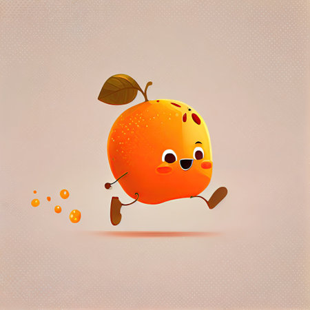 cute orangefruit cartoon character runs, cartoon style, modern simple illustrationの写真素材