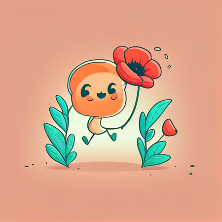 cute poppy flower cartoon character runs, cartoon style, modern simple illustrationの写真素材