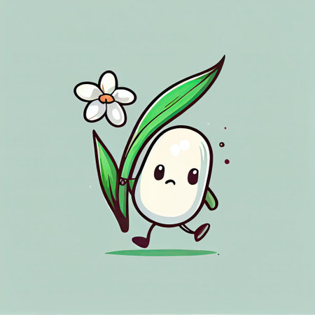 cute snowdrop flower cartoon character runs, cartoon style, modern simple illustrationの写真素材