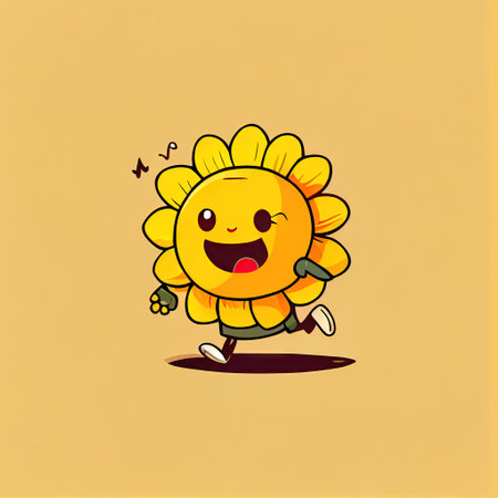 cute sun flower cartoon character runs, cartoon style, modern simple illustrationの写真素材