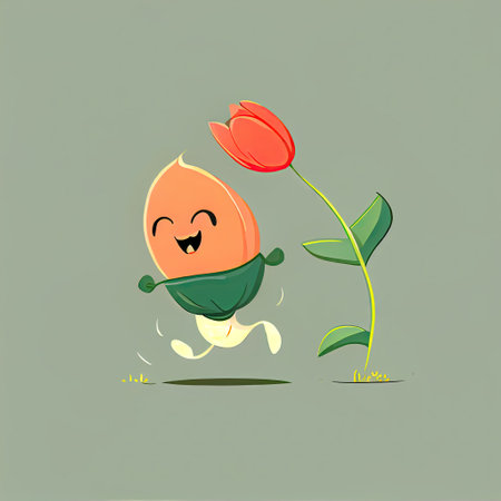 cute tulip flower cartoon character runs, cartoon style, modern simple illustrationの写真素材