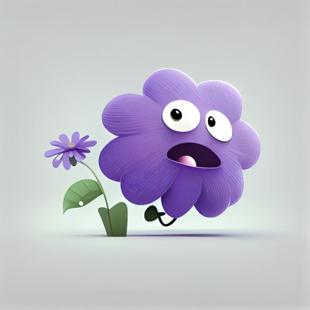 cute violet flower cartoon character runs, cartoon style, modern simple illustrationの写真素材