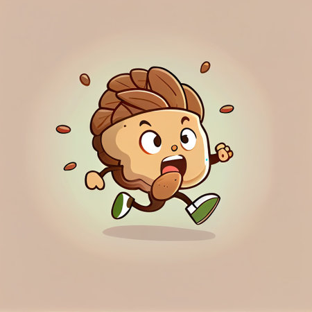 cute walnut cartoon character runs, cartoon style, modern simple illustrationの写真素材