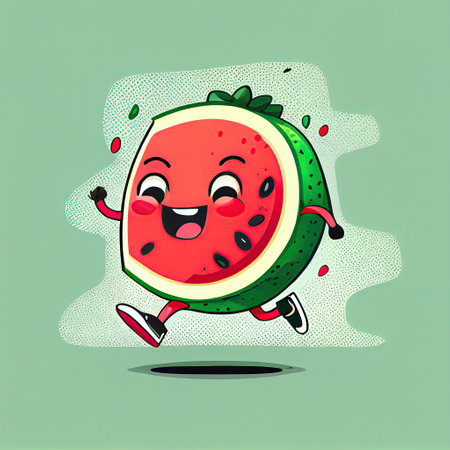 cute watermelon cartoon character runs, cartoon style, modern simple illustrationの写真素材