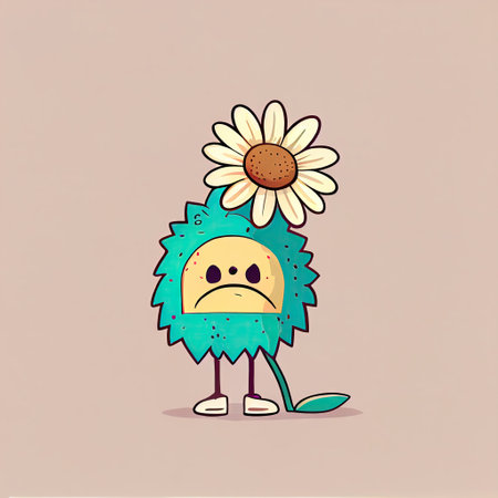 cute aster flower cartoon character sad, cartoon style, modern simple illustrationの写真素材
