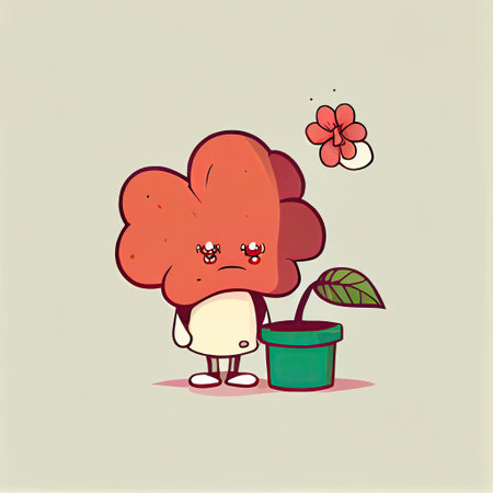 cute begonia flower cartoon character sad, cartoon style, modern simple illustrationの写真素材