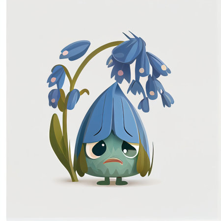 cute bluebell flower cartoon character sad, cartoon style, modern simple illustrationの写真素材