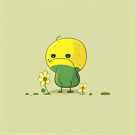 cute buttercup flower cartoon character sad, cartoon style, modern simple illustrationの写真素材