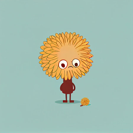 cute chrysanthemum flower cartoon character sad, cartoon style, modern simple illustrationの写真素材