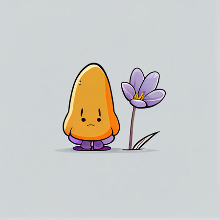 cute crocus flower cartoon character sad, cartoon style, modern simple illustrationの写真素材