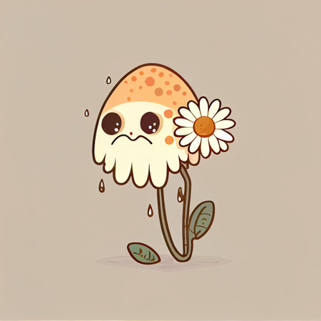 cute daisy flower cartoon character sad, cartoon style, modern simple illustrationの写真素材