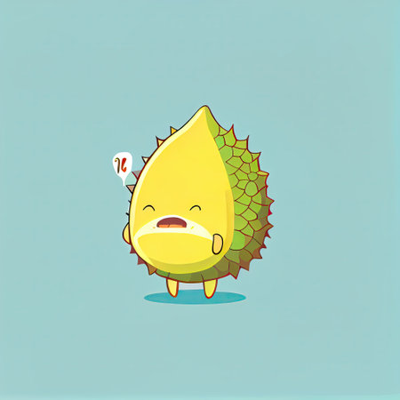 cute durian cartoon character sad, cartoon style, modern simple illustrationの写真素材