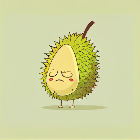 cute durian cartoon character sad, cartoon style, modern simple illustrationの写真素材