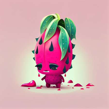 cute dragonfruit cartoon character sad, cartoon style, modern simple illustrationの写真素材