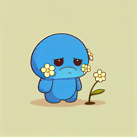 cute forget-me-not flower cartoon character sad, cartoon style, modern simple illustrationの写真素材
