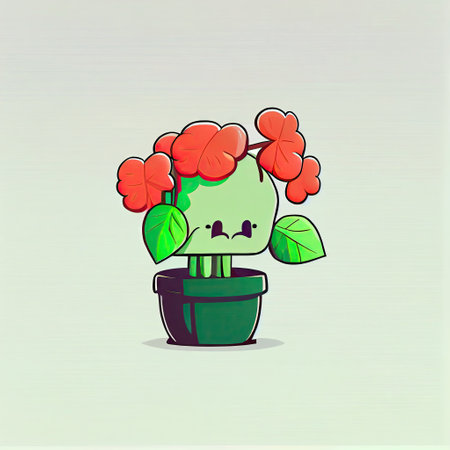 cute geranium flower cartoon character sad, cartoon style, modern simple illustrationの写真素材