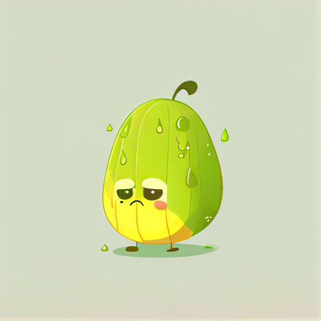 cute honeydew cartoon character sad, cartoon style, modern simple illustrationの写真素材