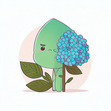 cute hydrangea flower cartoon character sad, cartoon style, modern simple illustrationの写真素材
