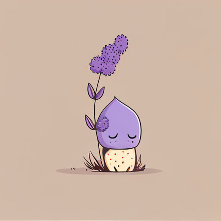 cute lavender flower cartoon character sad, cartoon style, modern simple illustrationの写真素材