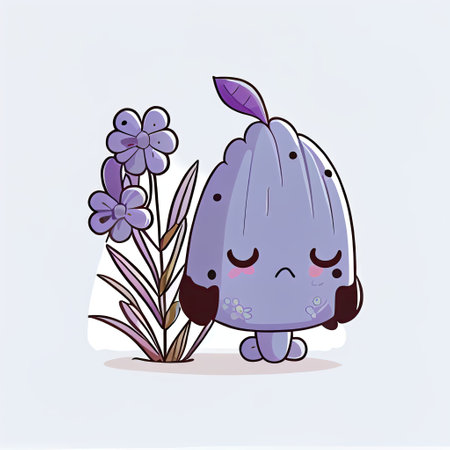 cute lavender flower cartoon character sad, cartoon style, modern simple illustrationの写真素材