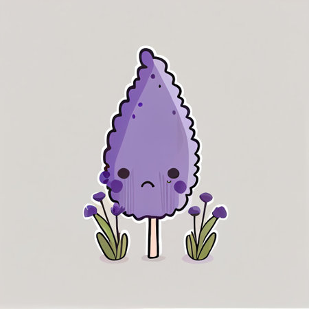 cute lavender flower cartoon character sad, cartoon style, modern simple illustrationの写真素材