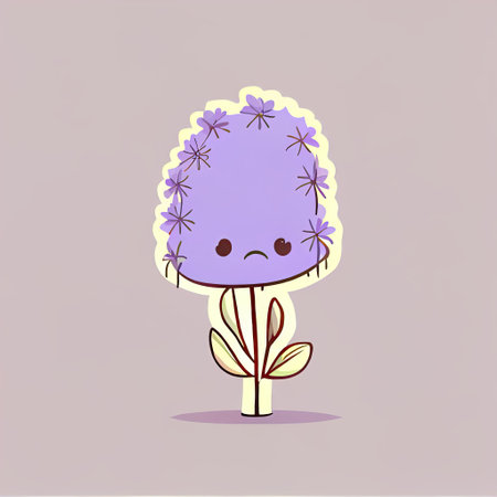 cute lavender flower cartoon character sad, cartoon style, modern simple illustrationの写真素材