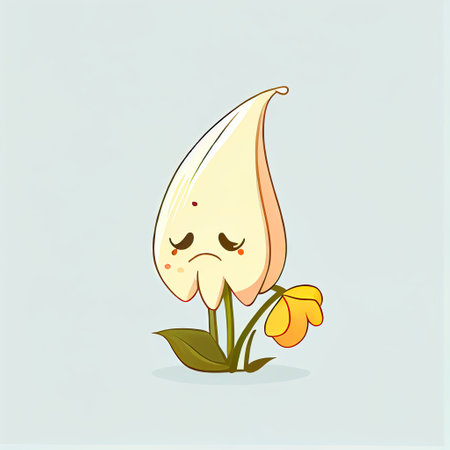 cute lily flower cartoon character sad, cartoon style, modern simple illustrationの写真素材
