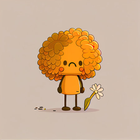 cute marigold flower cartoon character sad, cartoon style, modern simple illustration
