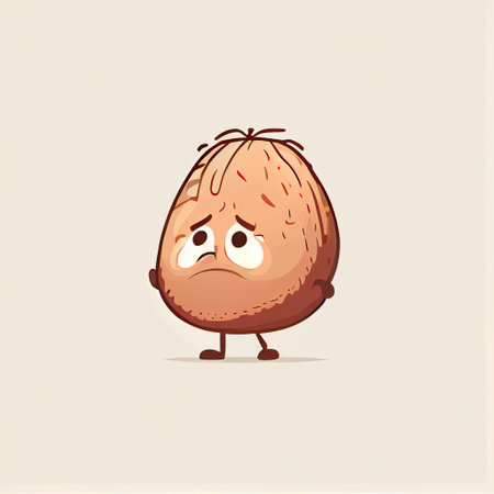 cute nutmeg cartoon character sad, cartoon style, modern simple illustrationの写真素材