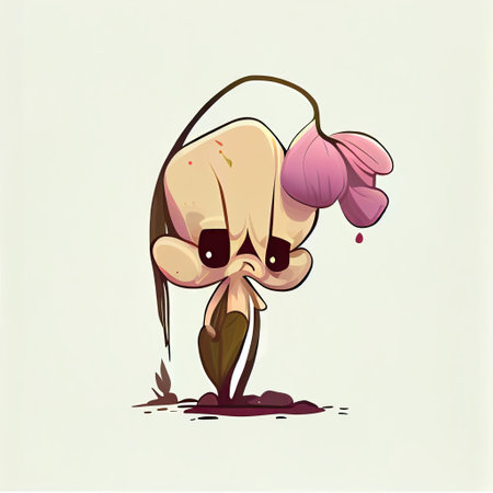 cute orchid flower cartoon character sad, cartoon style, modern simple illustrationの写真素材