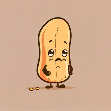 cute peanut cartoon character sad, cartoon style, modern simple illustrationの写真素材