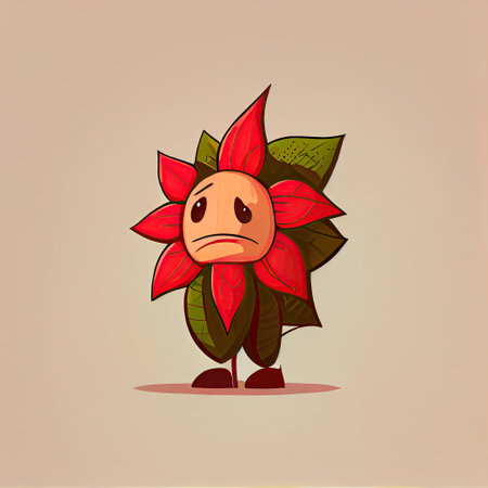 cute poinsettia flower cartoon character sad, cartoon style, modern simple illustrationの写真素材