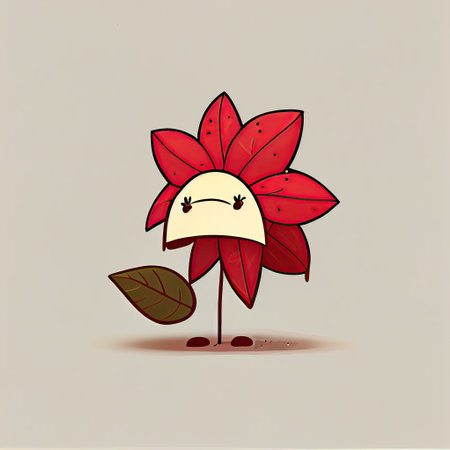 cute poinsettia flower cartoon character sad, cartoon style, modern simple illustrationの写真素材