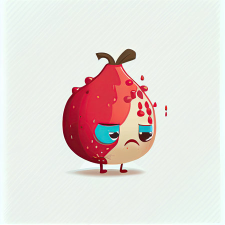 cute pomegranate cartoon character sad, cartoon style, modern simple illustrationの写真素材