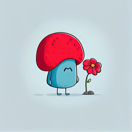 cute poppy flower cartoon character sad, cartoon style, modern simple illustrationの写真素材